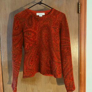 Jones New York Burnt-orange/reds Paisley 100% Lambswool crewneck Sweater - Sz M